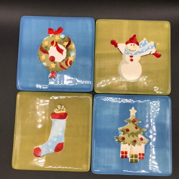 Vintage Eddie Bauer Set of 4 Holiday Coasters Porcelian Square with Felt Feet - Picture 5 of 7